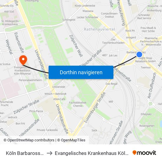 Köln Barbarossaplatz to Evangelisches Krankenhaus Köln-Weyertal map