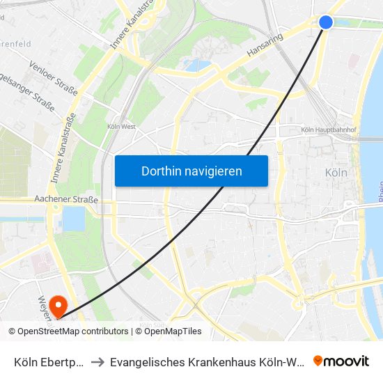 Köln Ebertplatz to Evangelisches Krankenhaus Köln-Weyertal map