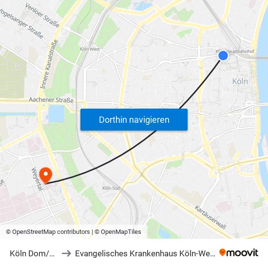 Köln Dom/Hbf to Evangelisches Krankenhaus Köln-Weyertal map