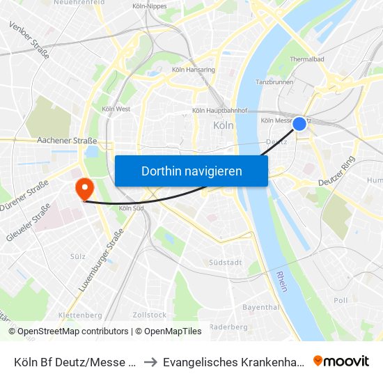 Köln Bf Deutz/Messe Lanxess Arena to Evangelisches Krankenhaus Köln-Weyertal map