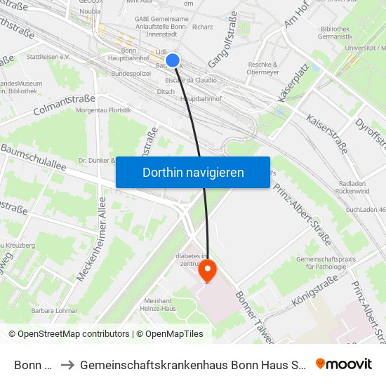 Bonn Hbf to Gemeinschaftskrankenhaus Bonn Haus Sankt Petrus map