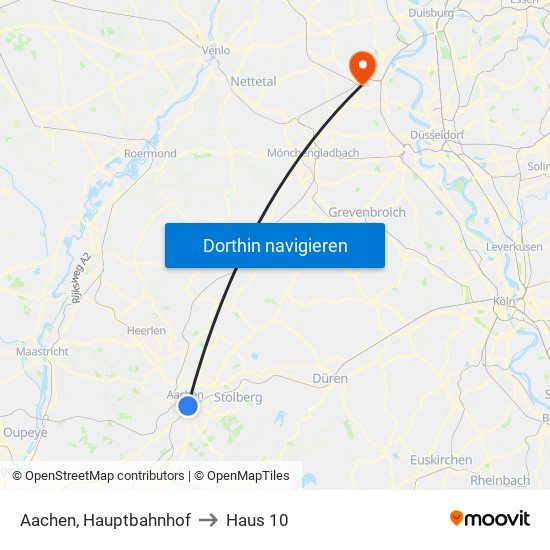 Aachen, Hauptbahnhof to Haus 10 map