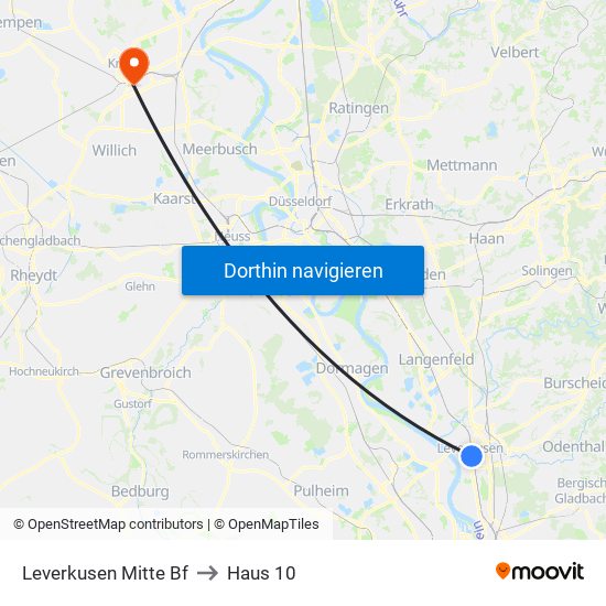 Leverkusen Mitte Bf to Haus 10 map