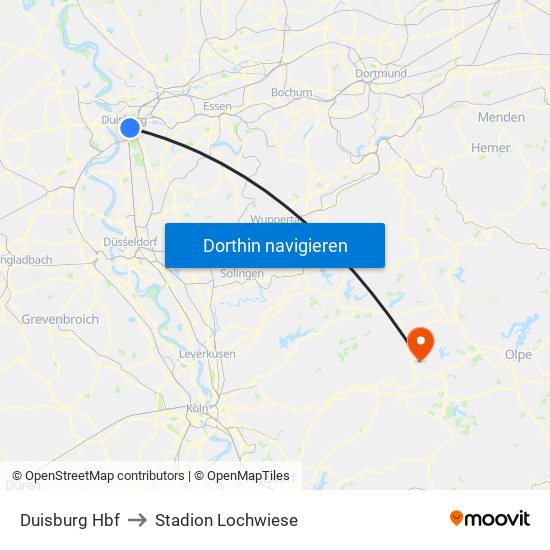 Duisburg Hbf to Stadion Lochwiese map