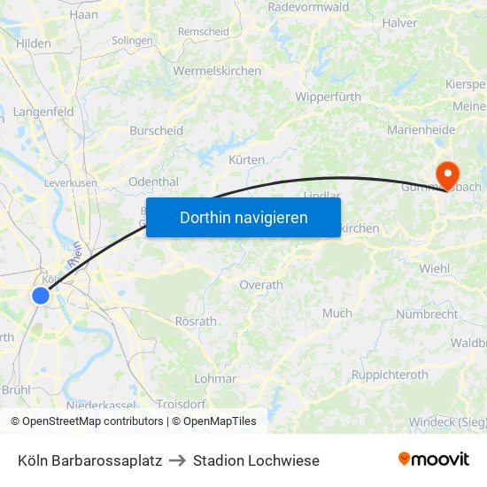 Köln Barbarossaplatz to Stadion Lochwiese map