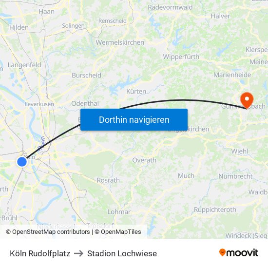 Köln Rudolfplatz to Stadion Lochwiese map