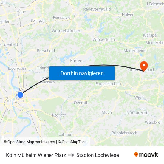 Köln Mülheim Wiener Platz to Stadion Lochwiese map