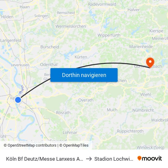 Köln Bf Deutz/Messe Lanxess Arena to Stadion Lochwiese map
