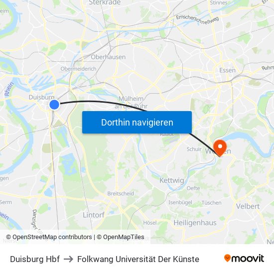 Duisburg Hbf to Folkwang Universität Der Künste map