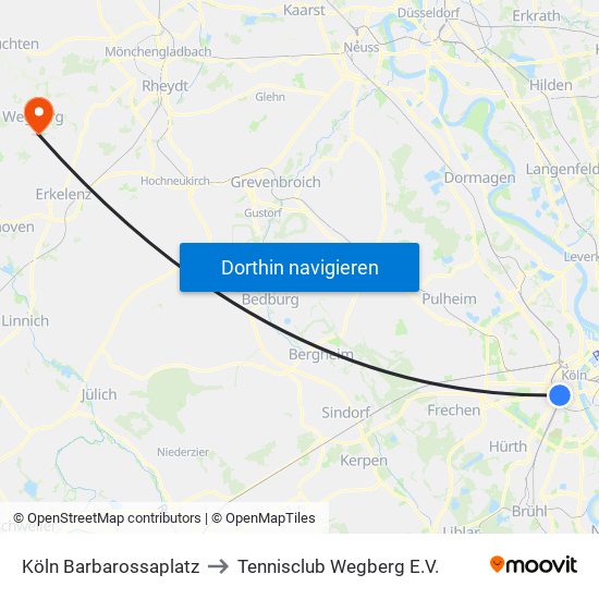 Köln Barbarossaplatz to Tennisclub Wegberg E.V. map