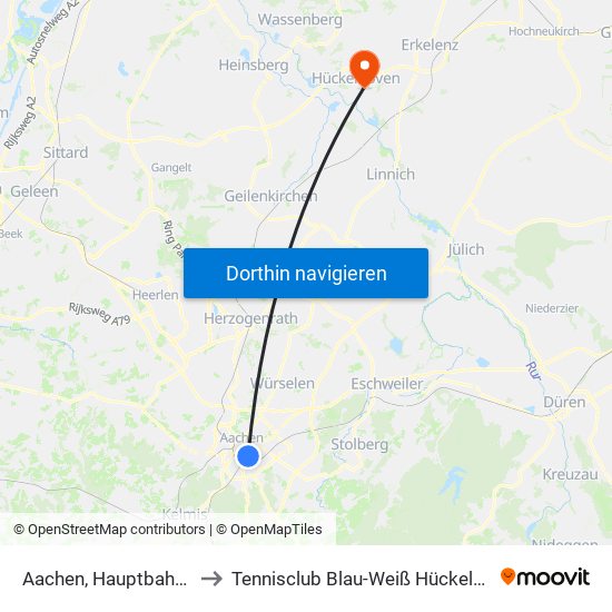 Aachen, Hauptbahnhof to Tennisclub Blau-Weiß Hückelhoven map