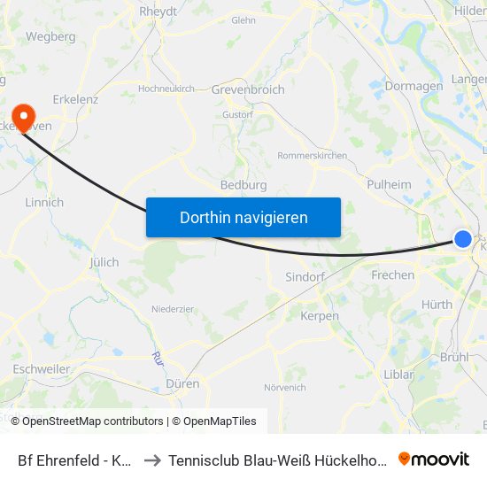 Bf Ehrenfeld - Köln to Tennisclub Blau-Weiß Hückelhoven map