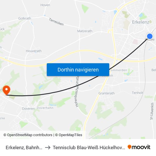 Erkelenz, Bahnhof to Tennisclub Blau-Weiß Hückelhoven map