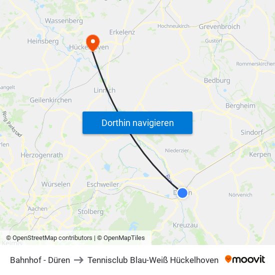 Bahnhof - Düren to Tennisclub Blau-Weiß Hückelhoven map