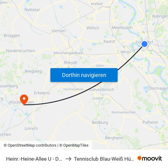 Heinr.-Heine-Allee U - Düsseldorf to Tennisclub Blau-Weiß Hückelhoven map