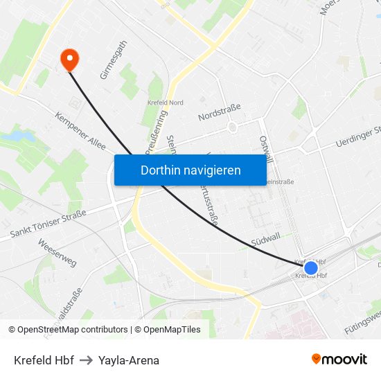 Krefeld Hbf to Yayla-Arena map