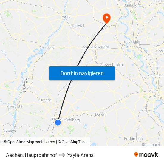 Aachen, Hauptbahnhof to Yayla-Arena map