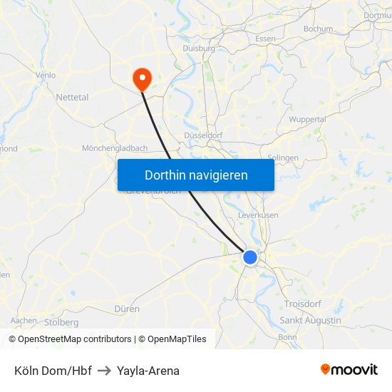 Köln Dom/Hbf to Yayla-Arena map