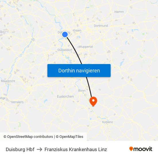 Duisburg Hbf to Franziskus Krankenhaus Linz map