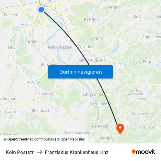 Köln Poststr. to Franziskus Krankenhaus Linz map