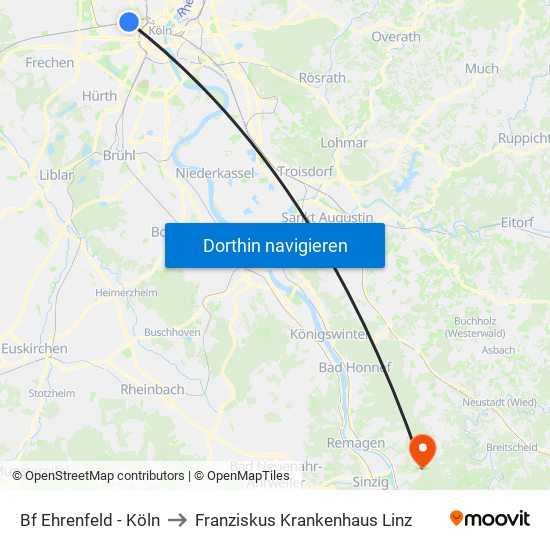 Bf Ehrenfeld - Köln to Franziskus Krankenhaus Linz map