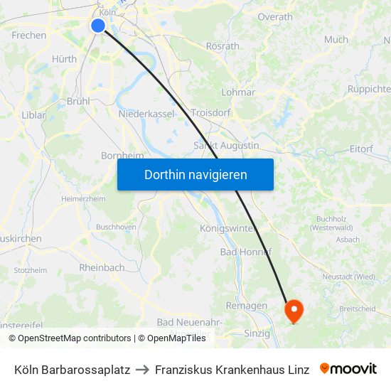 Köln Barbarossaplatz to Franziskus Krankenhaus Linz map