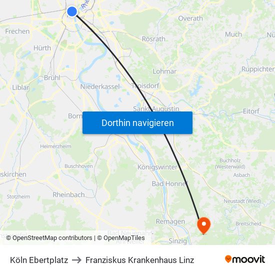 Köln Ebertplatz to Franziskus Krankenhaus Linz map