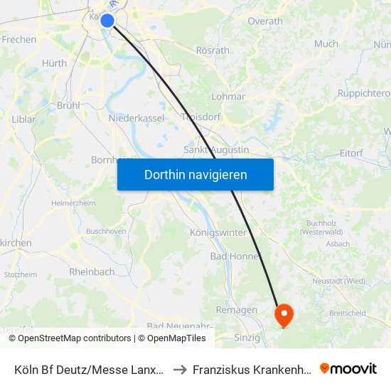 Köln Bf Deutz/Messe Lanxess Arena to Franziskus Krankenhaus Linz map