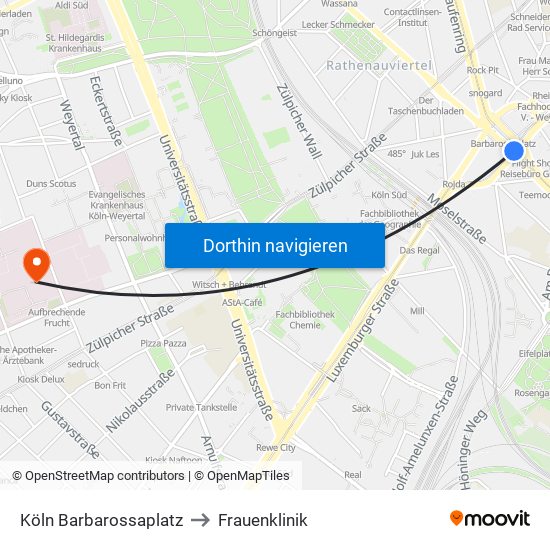 Köln Barbarossaplatz to Frauenklinik map