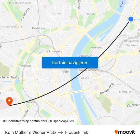Köln Mülheim Wiener Platz to Frauenklinik map