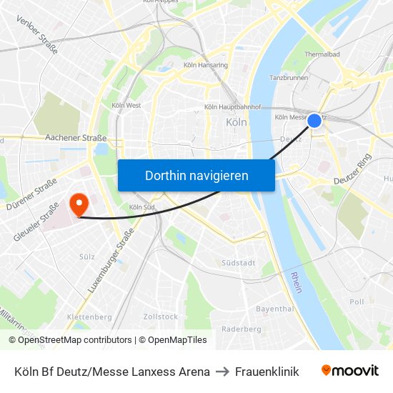 Köln Bf Deutz/Messe Lanxess Arena to Frauenklinik map