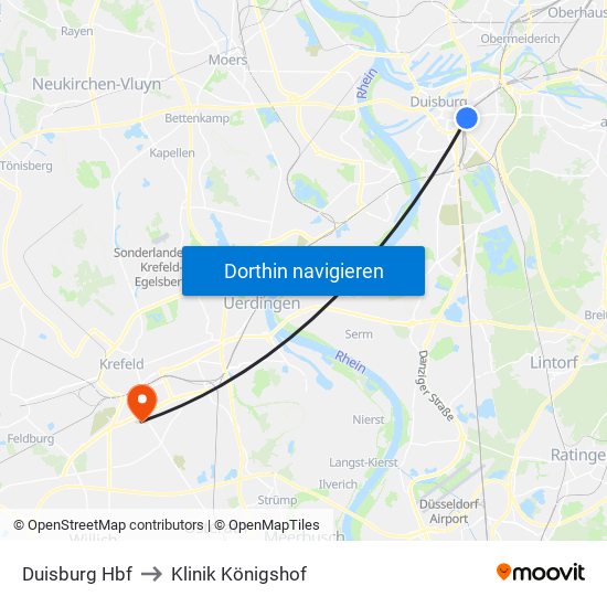 Duisburg Hbf to Klinik Königshof map