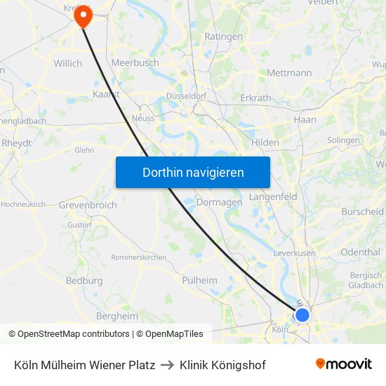 Köln Mülheim Wiener Platz to Klinik Königshof map