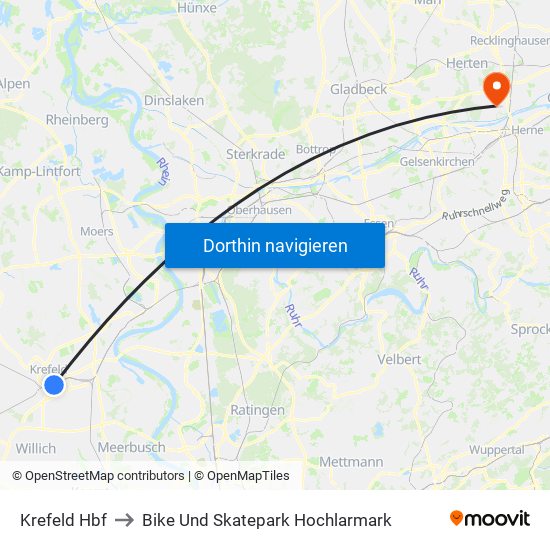 Krefeld Hbf to Bike Und Skatepark Hochlarmark map