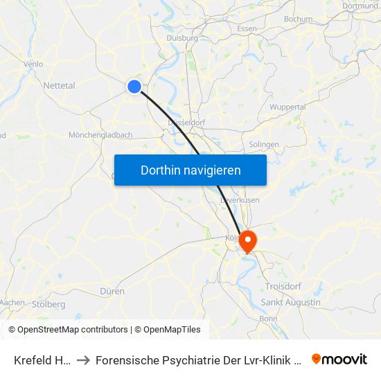 Krefeld Hbf to Forensische Psychiatrie Der Lvr-Klinik Köln map