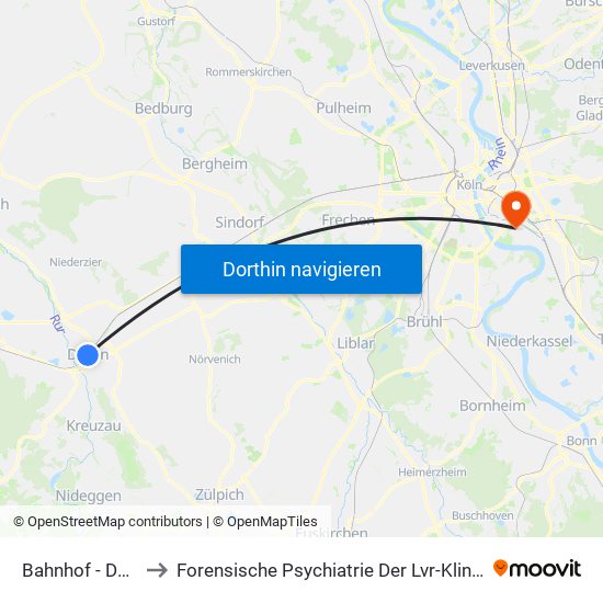 Bahnhof - Düren to Forensische Psychiatrie Der Lvr-Klinik Köln map