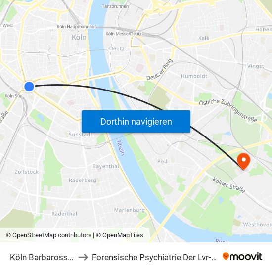 Köln Barbarossaplatz to Forensische Psychiatrie Der Lvr-Klinik Köln map