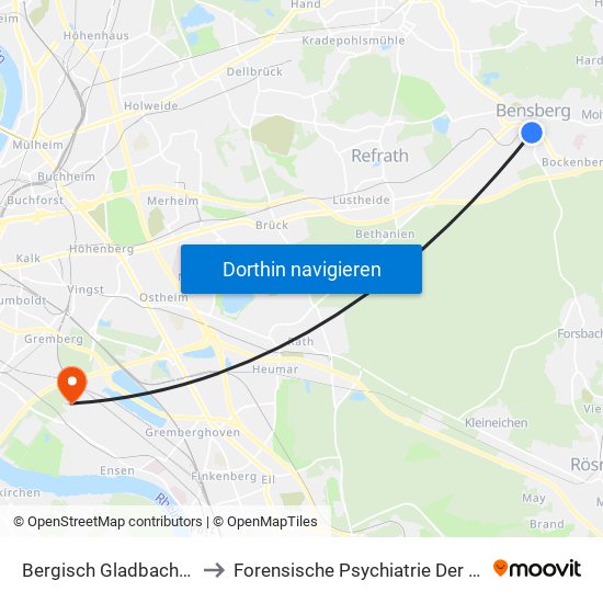 Bergisch Gladbach Bensberg to Forensische Psychiatrie Der Lvr-Klinik Köln map