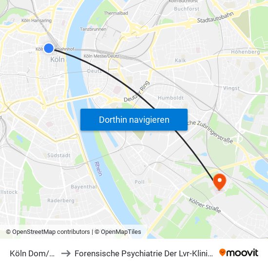 Köln Dom/Hbf to Forensische Psychiatrie Der Lvr-Klinik Köln map