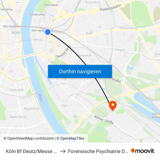 Köln Bf Deutz/Messe Lanxess Arena to Forensische Psychiatrie Der Lvr-Klinik Köln map