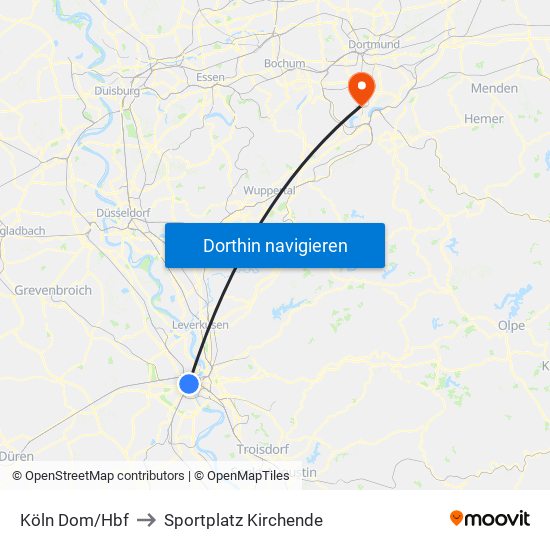 Köln Dom/Hbf to Sportplatz Kirchende map