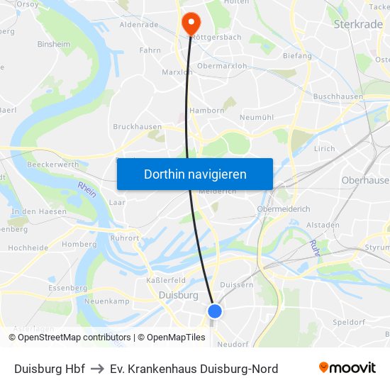 Duisburg Hbf to Ev. Krankenhaus Duisburg-Nord map