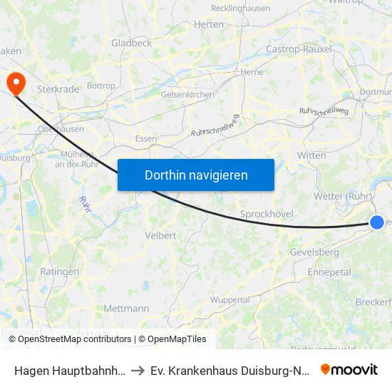 Hagen Hauptbahnhof to Ev. Krankenhaus Duisburg-Nord map