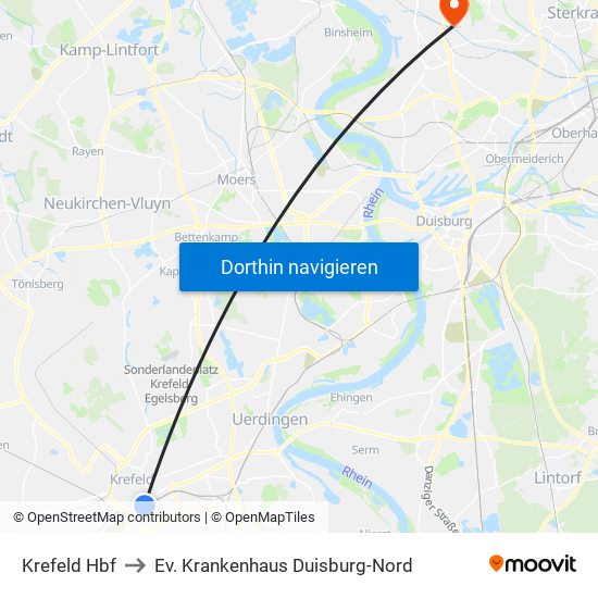 Krefeld Hbf to Ev. Krankenhaus Duisburg-Nord map