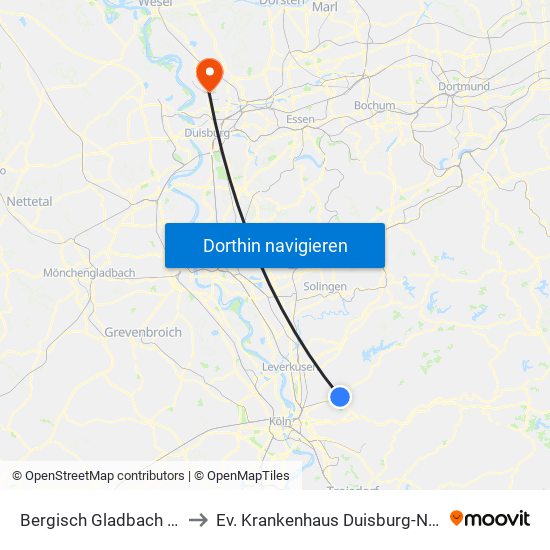 Bergisch Gladbach (S) to Ev. Krankenhaus Duisburg-Nord map