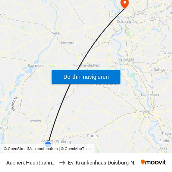 Aachen, Hauptbahnhof to Ev. Krankenhaus Duisburg-Nord map