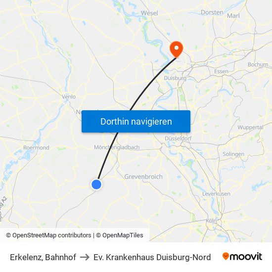 Erkelenz, Bahnhof to Ev. Krankenhaus Duisburg-Nord map