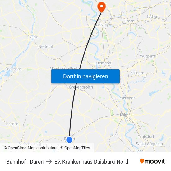 Bahnhof - Düren to Ev. Krankenhaus Duisburg-Nord map