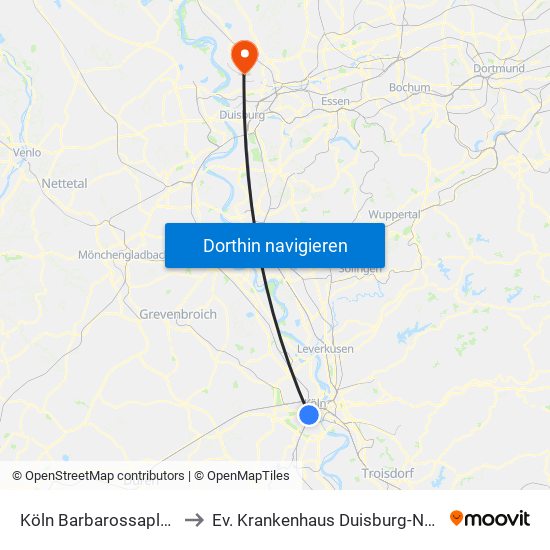 Köln Barbarossaplatz to Ev. Krankenhaus Duisburg-Nord map