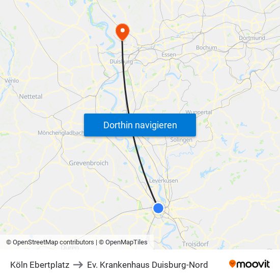 Köln Ebertplatz to Ev. Krankenhaus Duisburg-Nord map